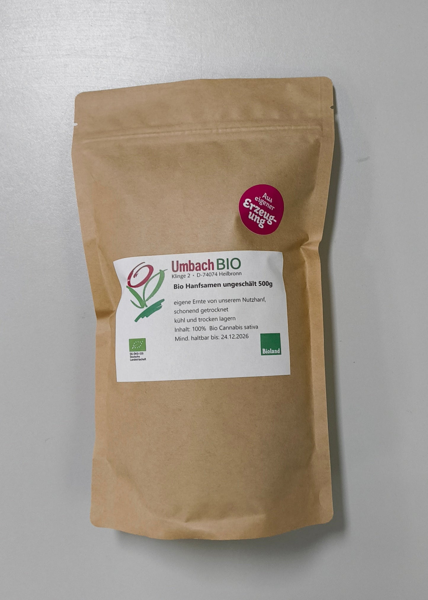 Bio-Hanfsamen (ungeschält) aus eigenem Anbau, 500g
